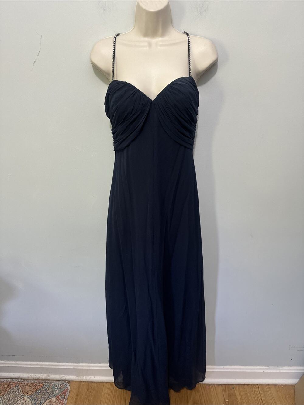 Vintage Niteline Gown Womens 6 Navy Blue Silk Rhinestone Straps Retro Y2K Glam